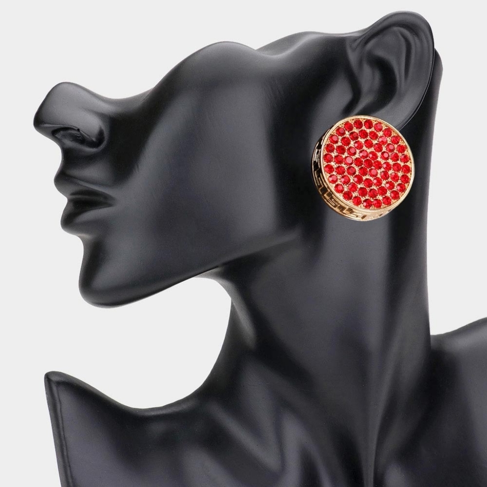 Siam Red Gold Greek Key Patterned Rhinestone Crystal Round Stud Earrings